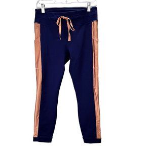 Fabletics Mid Rise Powerhold Tie Waist 7/8 Leggings M Blue Metallic Stripe NWT